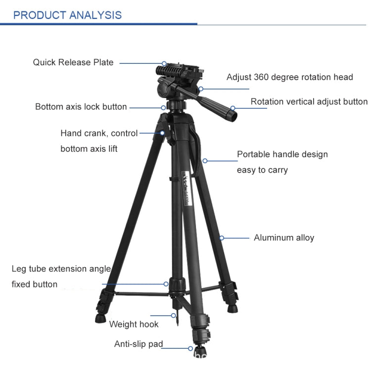 WeiFeng WT-3560 3-Section Folding Legs Live Broadcast Aluminum Alloy Tripod Mount