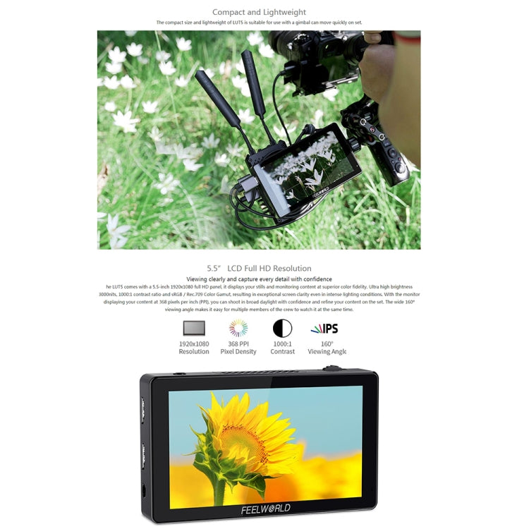 FEELWORLD LUT5 5.5 inch Ultra High Bright 3000nit Touch Screen DSLR Camera Field Monitor