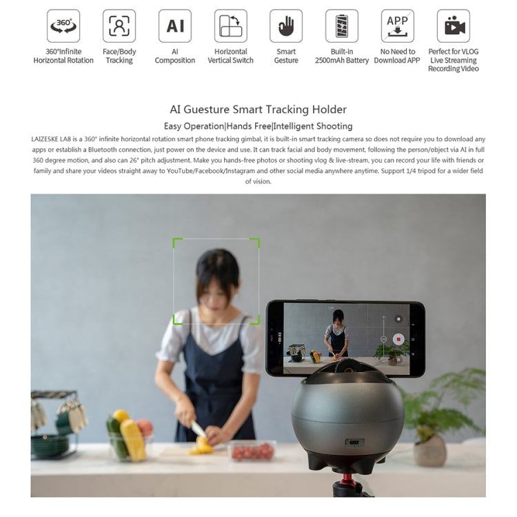 LAIZESKE LA8 Smart Robot Cameraman 360 Degree Auto Tracking Phone Holder