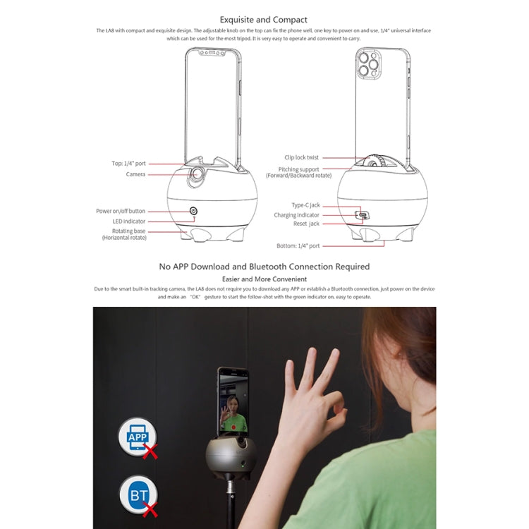 LAIZESKE LA8 Smart Robot Cameraman 360 Degree Auto Tracking Phone Holder