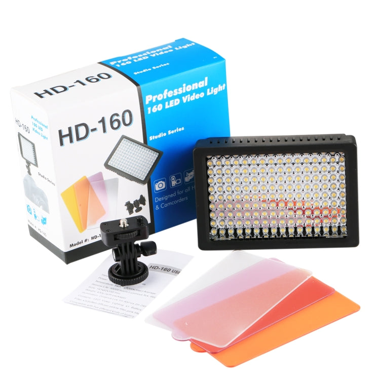 HD-160 White Light LED Video Light on-Camera Photography Lighting Fill Light for Canon, Nikon, DSLR Camera with 3 Filter Plates