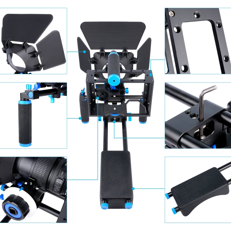 YELANGU D222 Dual Handles Camera Shoulder Mount + Camera Cage Stabilizer Kit with Matte Box + Follow Focus for DSLR Camera / Video Camera
