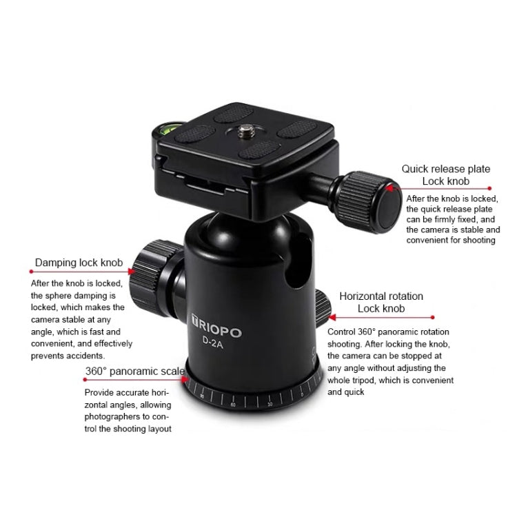 TRIOPO D-2A 360 Degree Rotation Aluminum Alloy Tripod 36mm Ball Head with Quick Release Plate