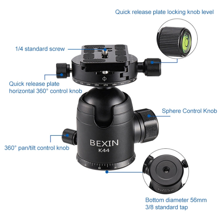 BEXIN RC334 Portable Collapsible Carbon Fiber Camera Tripod with K44 Panoramic BallHead