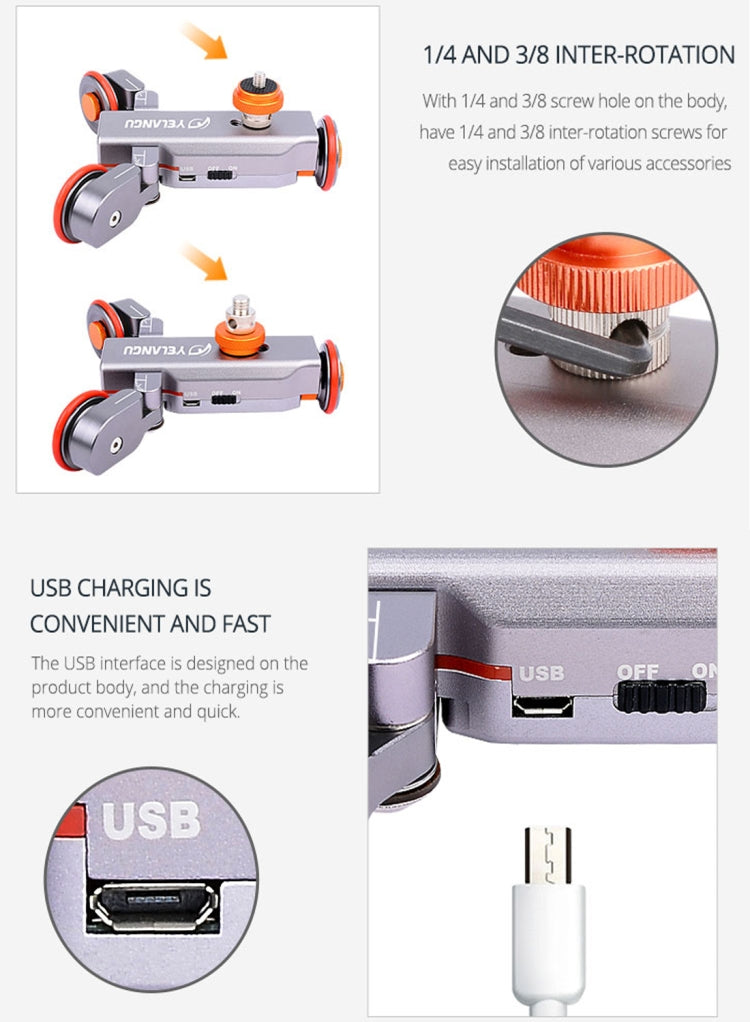 YELANGU L4X Camera 3-wheel Dolly II Electric Track Slider 3-Wheel Video Pulley Rolling Dolly Car with Remote Control for DSLR / Home DV Cameras, GoPro, Smartphones, Load: 3kg