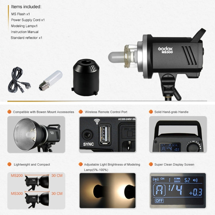 Godox MS300 Studio Flash Light 300Ws Bowens Mount Studio Speedlight