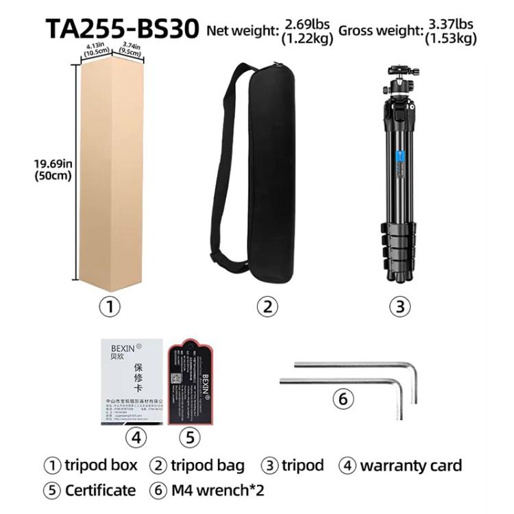 BEXIN TA255-BS30 Portable Collapsible Aluminum Alloy Camera Tripod with Head