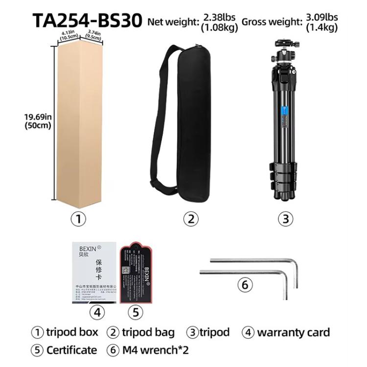 BEXIN TA254-BS30 Portable Collapsible Aluminum Alloy Camera Tripod with Head