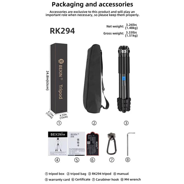 BEXIN RK294 Portable Collapsible Carbon Fiber Camera Tripod