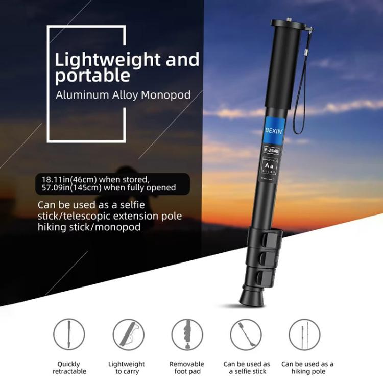 BEXIN P294B Portable Travel Outdoor DSLR Camera Aluminum Alloy Monopod Holder
