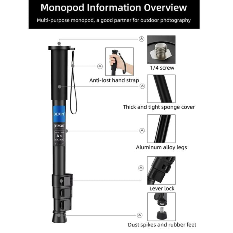 BEXIN P294B Portable Travel Outdoor DSLR Camera Aluminum Alloy Monopod Holder