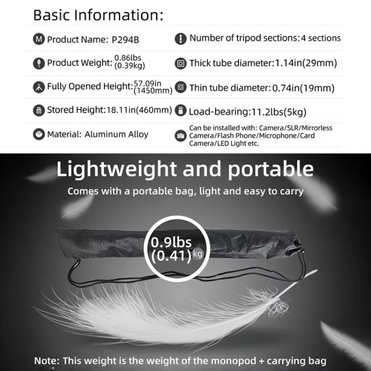 BEXIN P294B Portable Travel Outdoor DSLR Camera Aluminum Alloy Monopod Holder