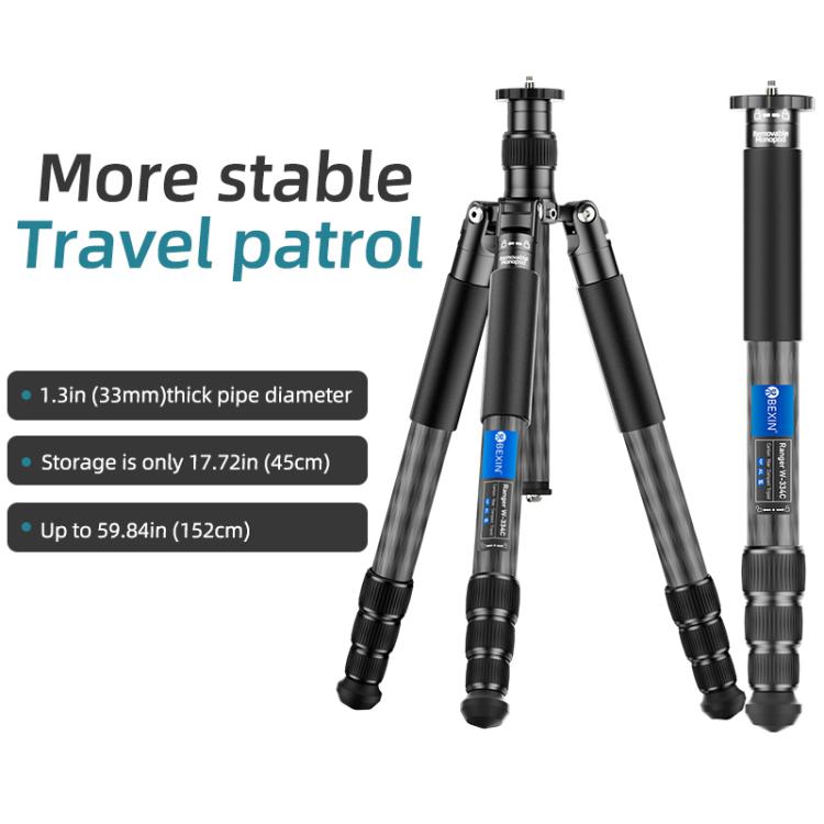 BEXIN W-334C Portable DSLR Camera 2 in 1 Carbon Fiber Tripod Detachable Monopod