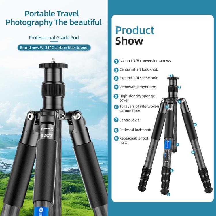 BEXIN W-334C Portable DSLR Camera 2 in 1 Carbon Fiber Tripod Detachable Monopod
