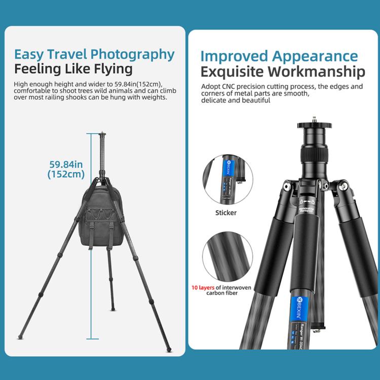 BEXIN W-334C Portable DSLR Camera 2 in 1 Carbon Fiber Tripod Detachable Monopod
