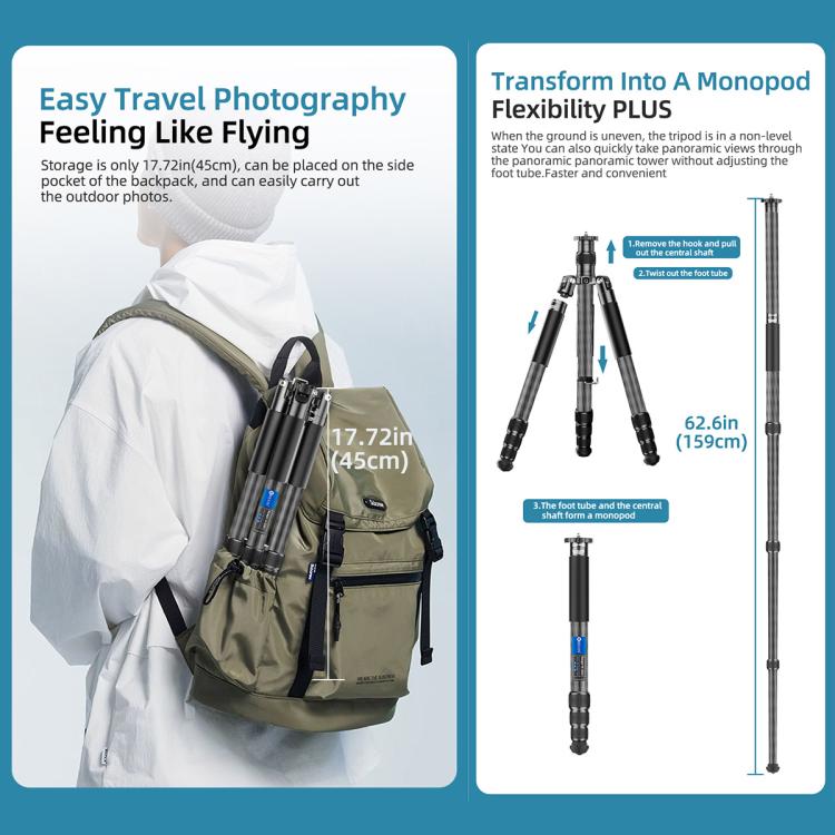 BEXIN W-334C Portable DSLR Camera 2 in 1 Carbon Fiber Tripod Detachable Monopod