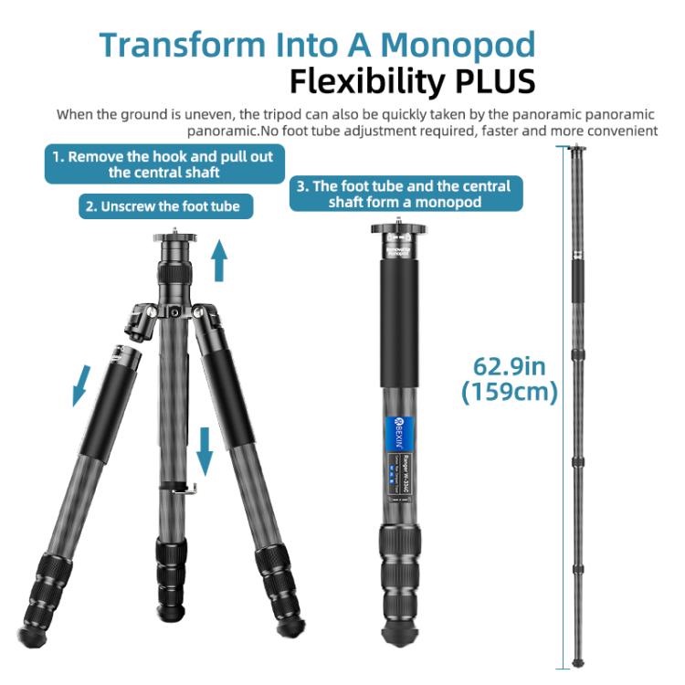 BEXIN W-334C Portable DSLR Camera 2 in 1 Carbon Fiber Tripod Detachable Monopod