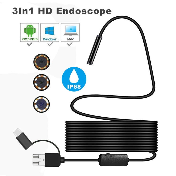 Y101 8mm Spiral Head 3 In 1 Waterproof Digital Endoscope Inspection Camera, Length: 5m Hard Cable