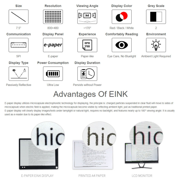 Waveshare 7.5 inch 800x480 Pixel Red Black White E-Paper E-Ink Display Module (B) for Raspberry Pi Pico, SPI Interface