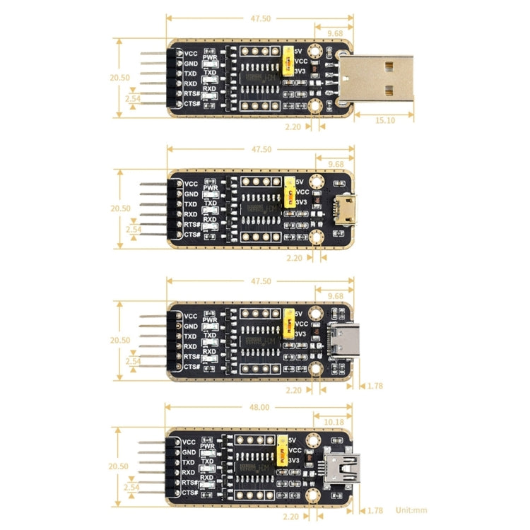 Waveshare Type-C / USB-C to UART High Band Rate Transmission Module Connectors