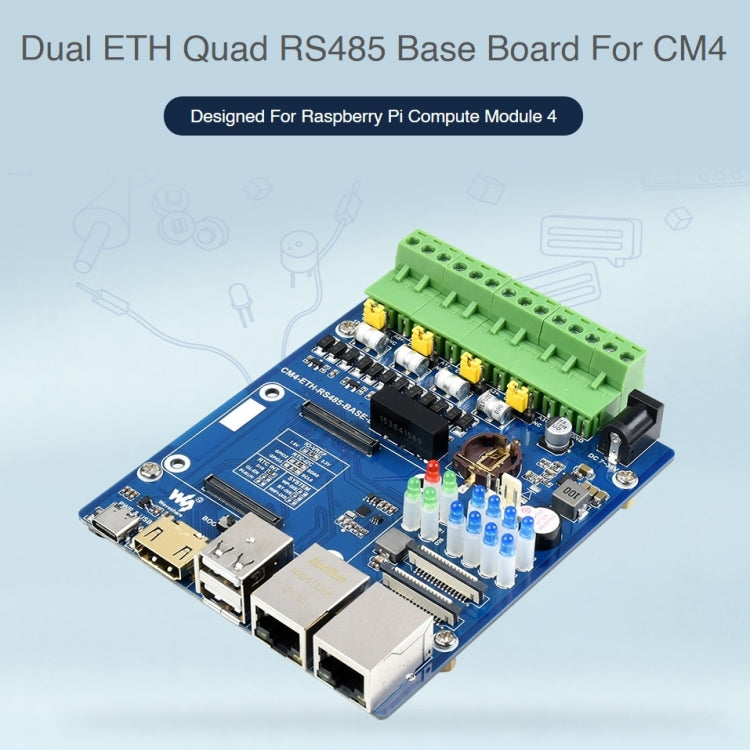 Waveshare Dual ETH Quad RS485 Base Board B for Raspberry Pi CM4, Gigabit Ethernet