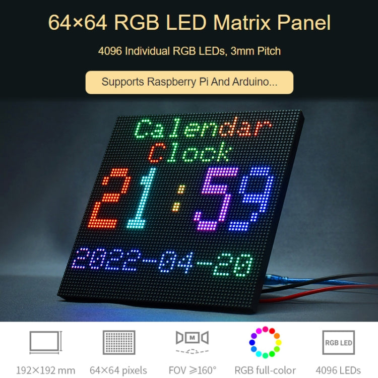 Waveshare RGB Full-Color LED Matrix Panel, 3mm Pitch, 64 x 64 Pixels, Adjustable Brightness