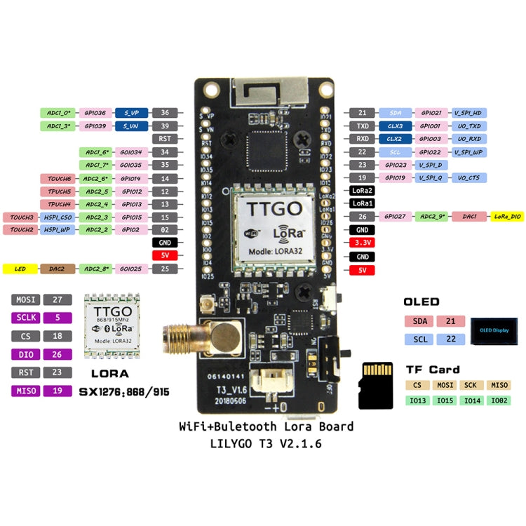 TTGO LORA32 V2.1 ESP32 0.96 inch OLED Bluetooth WiFi Wireless Module 433MHz SMA IP5306 Module with Antenna