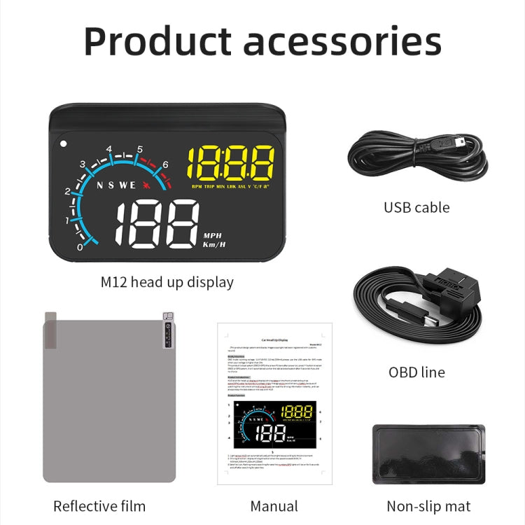 M12 OBD2 + GPS Mode Car Head-up Display HUD Overspeed / Speed / Water Temperature / Low Voltage / Fault Alarm