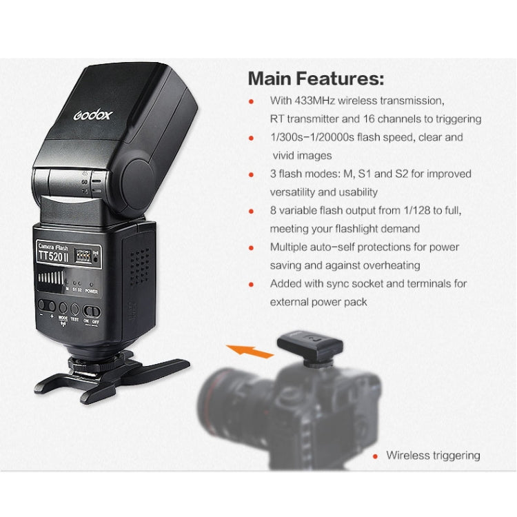 Godox TT520II 433MHZ Wireless 1/300s-1/2000s HSS Flash Speedlite Camera Top Fill Light for Canon / Nikon DSLR Cameras