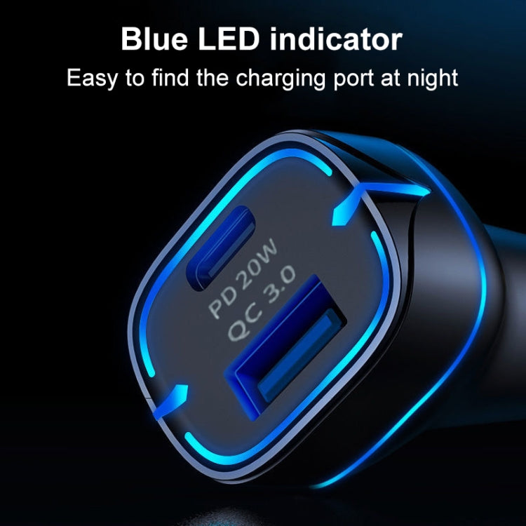 QC USB + USB-C / Type-C Dual Ports Fast Charging Car Charger with Luminous Aperture