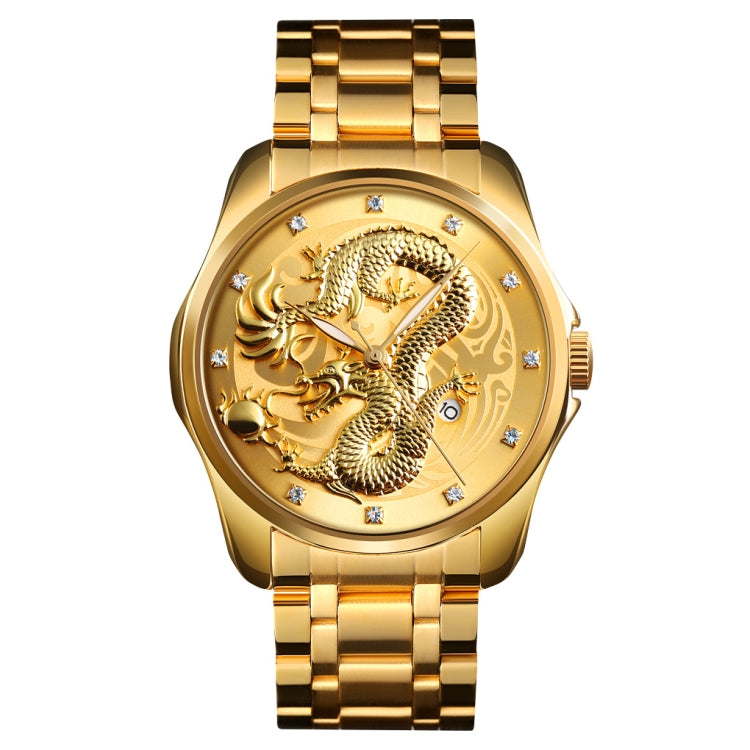SKMEI 9193 Men Golden Dragon Pattern Calendar Dial Luminous Quartz Watch