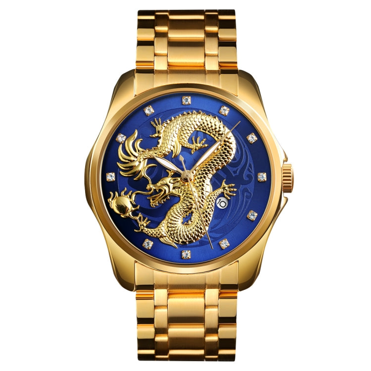 SKMEI 9193 Men Golden Dragon Pattern Calendar Dial Luminous Quartz Watch