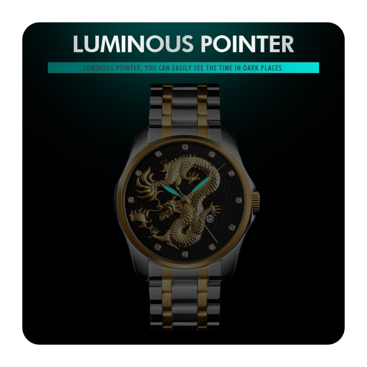 SKMEI 9193 Men Golden Dragon Pattern Calendar Dial Luminous Quartz Watch