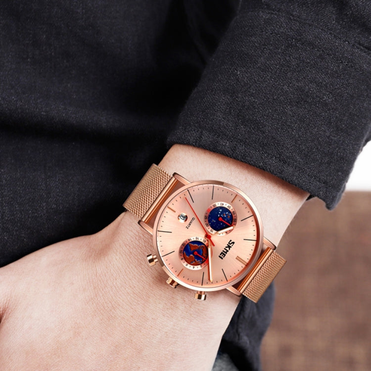 SKMEI 9231 Men Map Pattern Calendar Stopwatch Stainless Steel Strap Quartz Watch