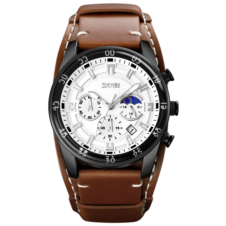 SKMEI 9249 Men Moonphase Calendar Stopwatch Leather Strap Quartz Watch