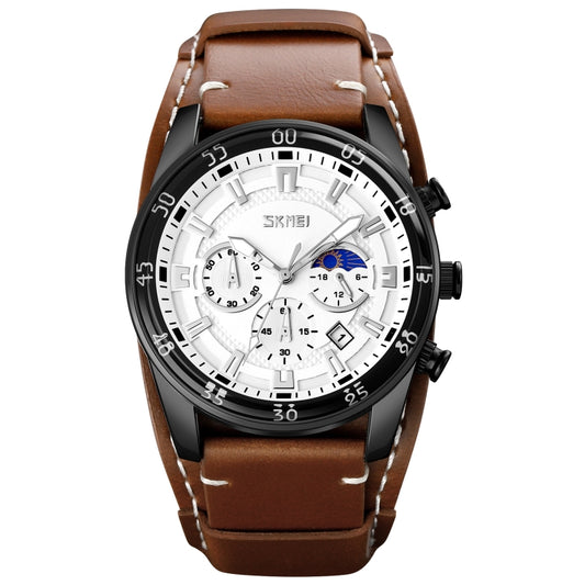 SKMEI 9249 Men Moonphase Calendar Stopwatch Leather Strap Quartz Watch