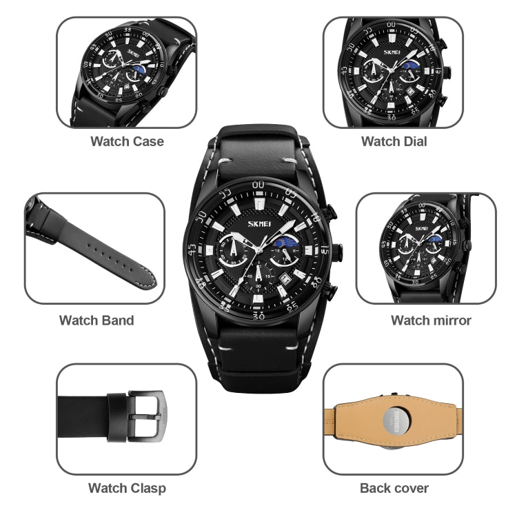 SKMEI 9249 Men Moonphase Calendar Stopwatch Leather Strap Quartz Watch