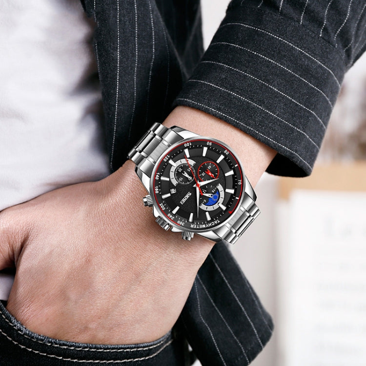 SKMEI 9250 Men Moonphase Stopwatch Date Six Pin Stainless Steel Strap Quartz Watch