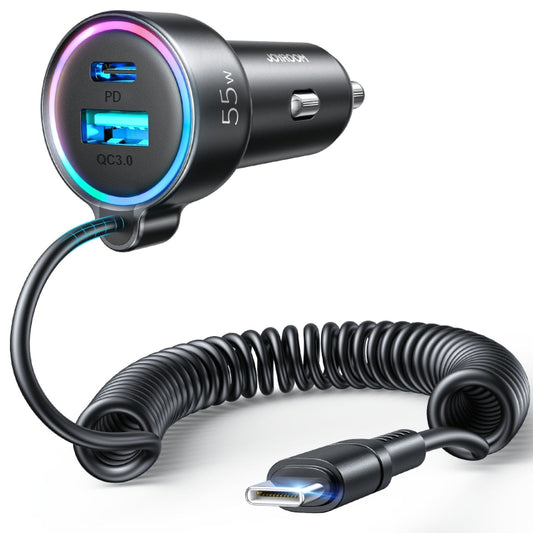 JOYROOM JR-CL07 3 in 1 72W PD USB-C / Type-C + USB Interface Car Charger with USB-C / Type-C Spring Data Cable