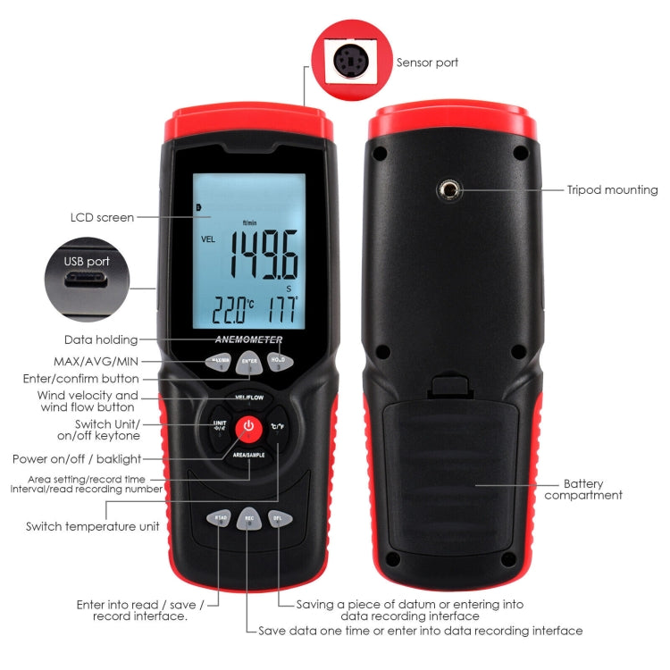 BENETECH GT8913 Handheld Digital LCD Hot Wire Anemometer, Battery Not Included