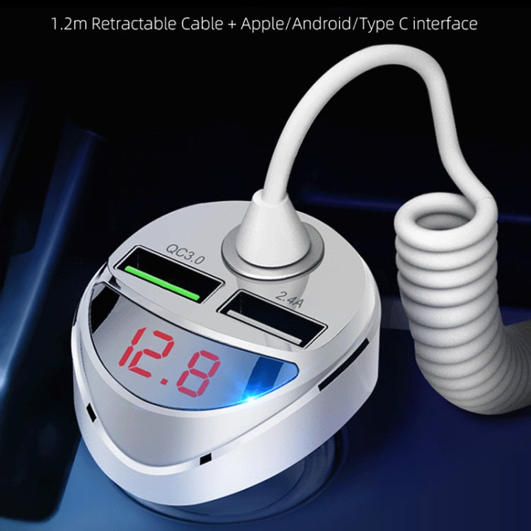 C68 LED Digital Display QC3.0 Fast Car Charger 3 in 1 with Spring Cable
