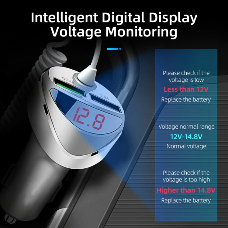 C68 LED Digital Display QC3.0 Fast Car Charger 3 in 1 with Spring Cable