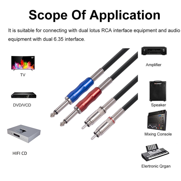 3051K63 Dual RCA Male to Dual 6.35mm 1/4 inch Male Mixer Audio Cable