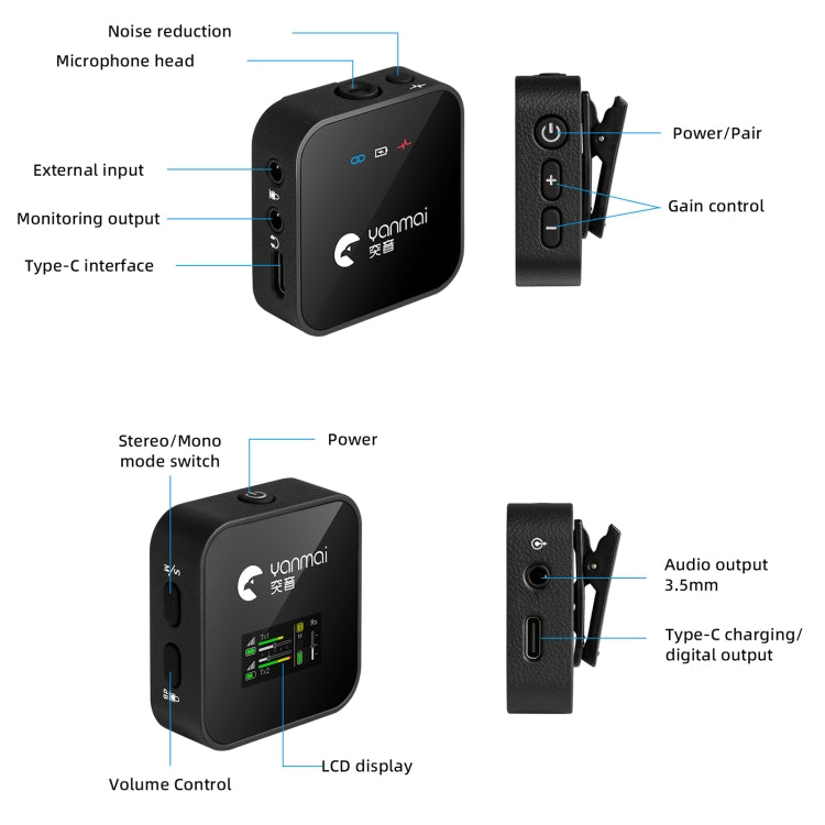 Yanmai GF525 2 in 1 Broadcast 2.4G Wireless Lavalier Microphone Mini Clip-on Mic with LED Display