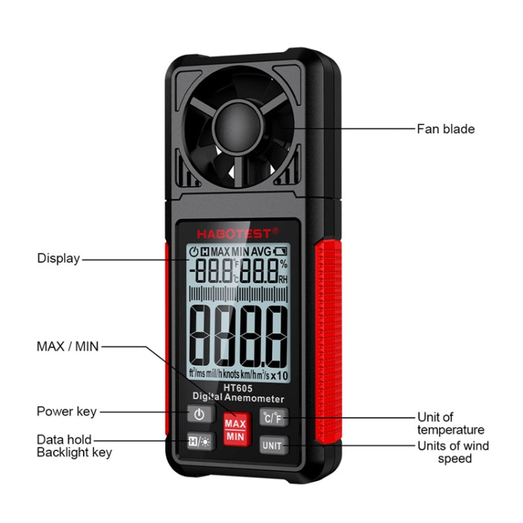 HABOTEST HT605 Portable Intelligent Digital Display Handheld Wind Speed Tester