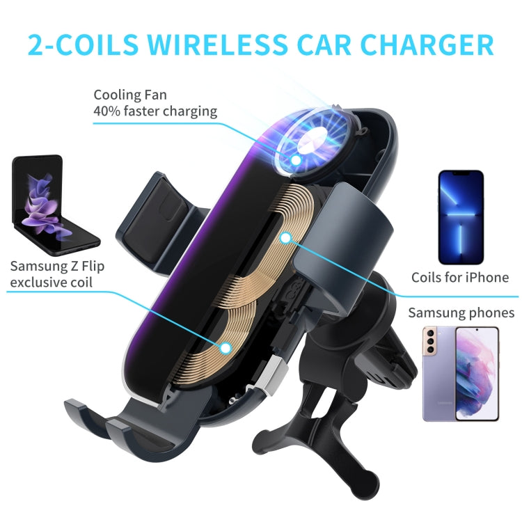 C37 Fan Cooling Dual Coil Car Phone Holder Wireless Charger