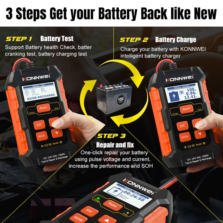 KONNWEI KW520 12V / 24V 3 in 1 Car Battery Tester with Detection & Repair & Charging Function