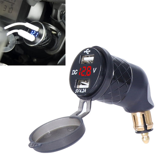 German EU Plug Special Motorcycle Elbow Charger Dual USB Voltmeter 4.2A Charger, Black, Blue, Gold