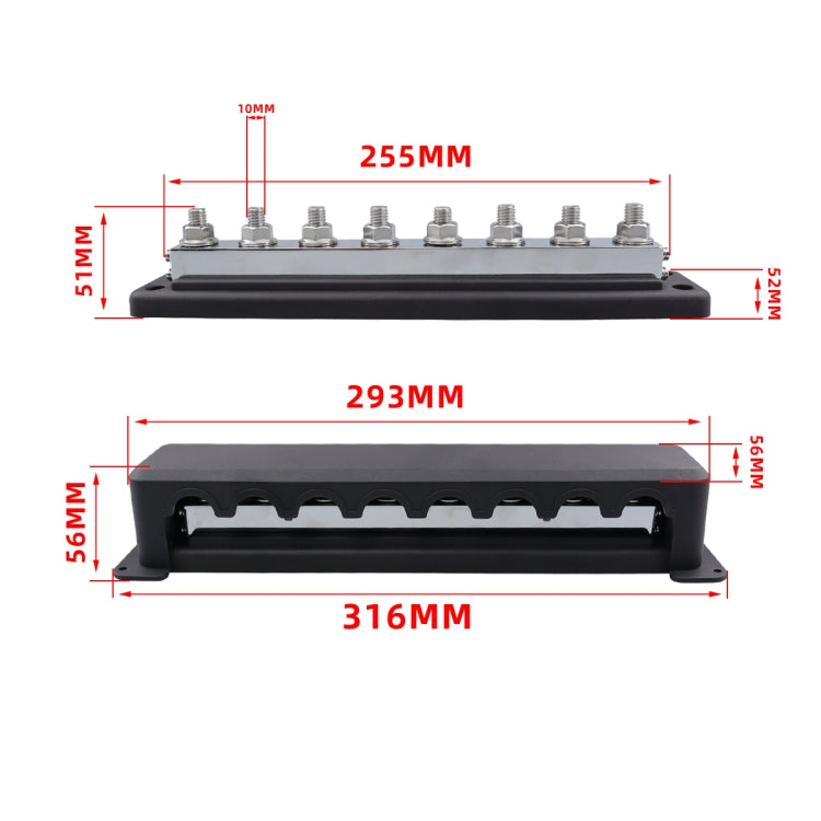 RV 600A High Current busbar 8-way Straight M10 Wiring Studs
