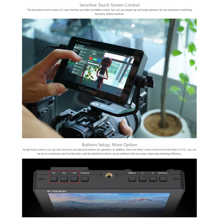 FEELWORLD F5 ProX 5.5 inch 1600nit High Bright Touch Screen DSLR Camera Field Monitor 4K HDMI F970 Install and Power Kit